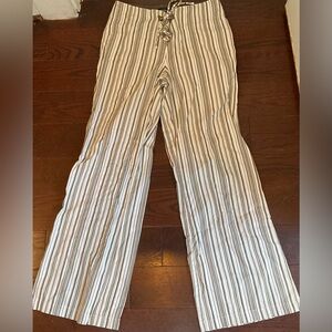 Ideology Women Striped Wide Leg Palazzo Pants Drawstring Cotton Sage/White Sz 8
